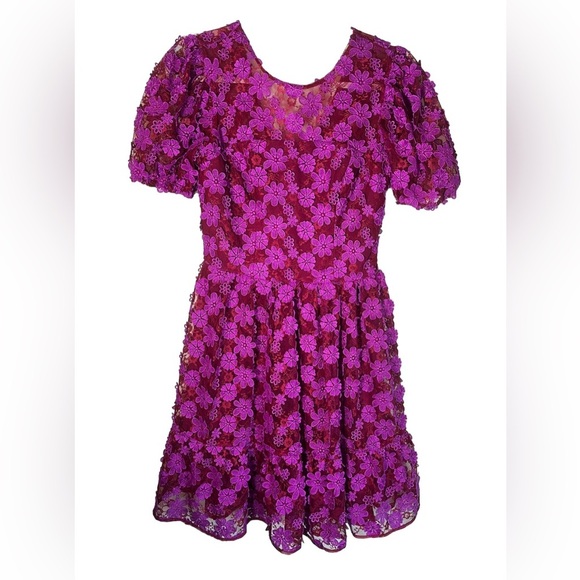 DRESS THE POPULATION Puff Sleeve & Flare Red and Purple Lace Appliqué Dress XS‎ - Picture 2 of 5